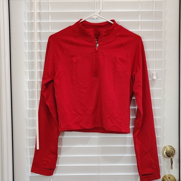 Lycra Tops - 1/4 Zip Top Women L Red Mock Neck Thumb Hole Gym Yoga Activewear Fitness